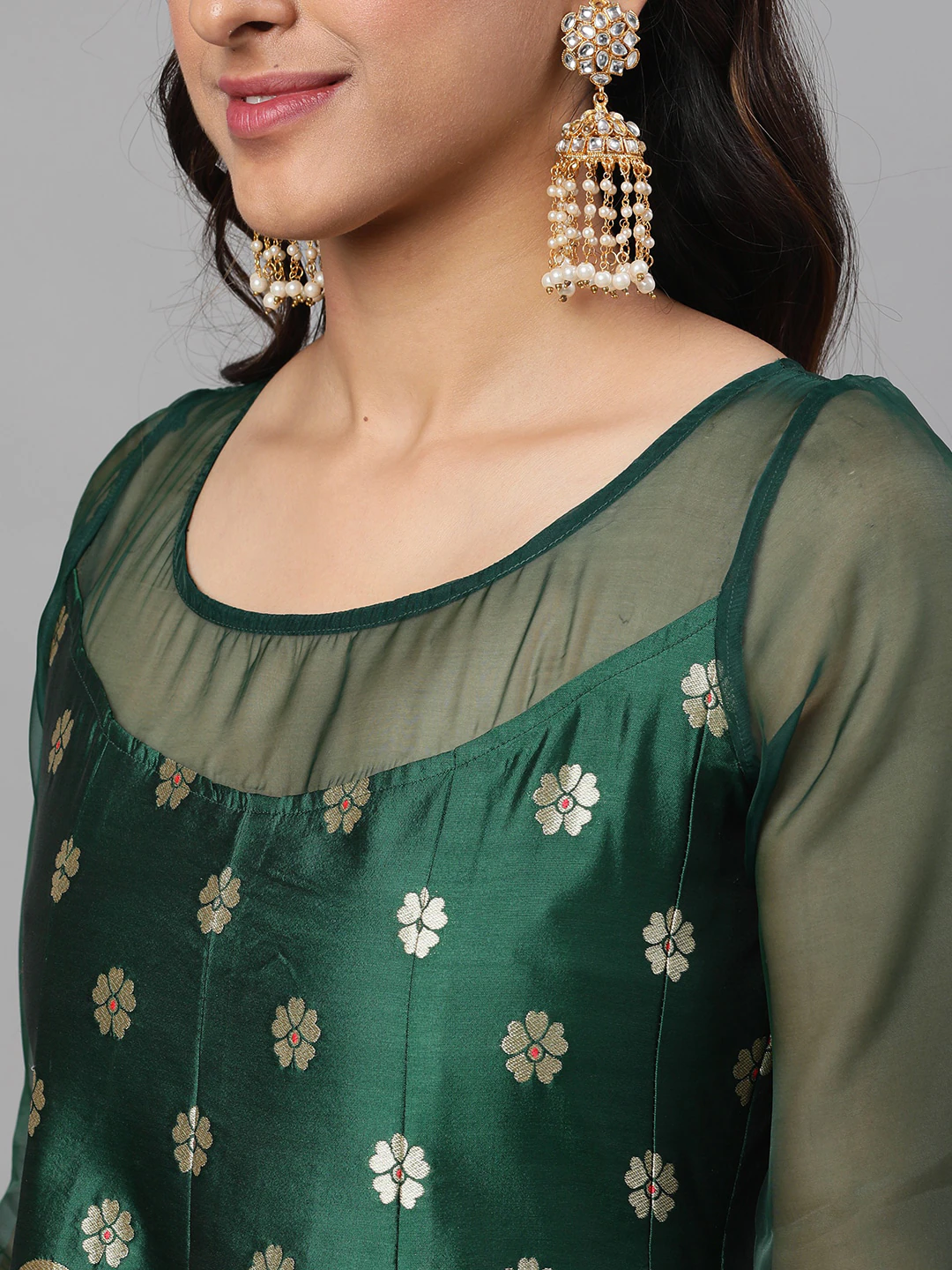 Green & Red Floral Zari Jacquard Design Maxi