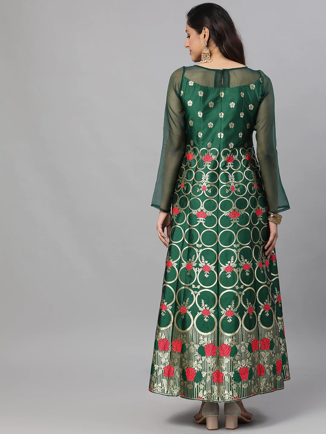 Green & Red Floral Zari Jacquard Design Maxi