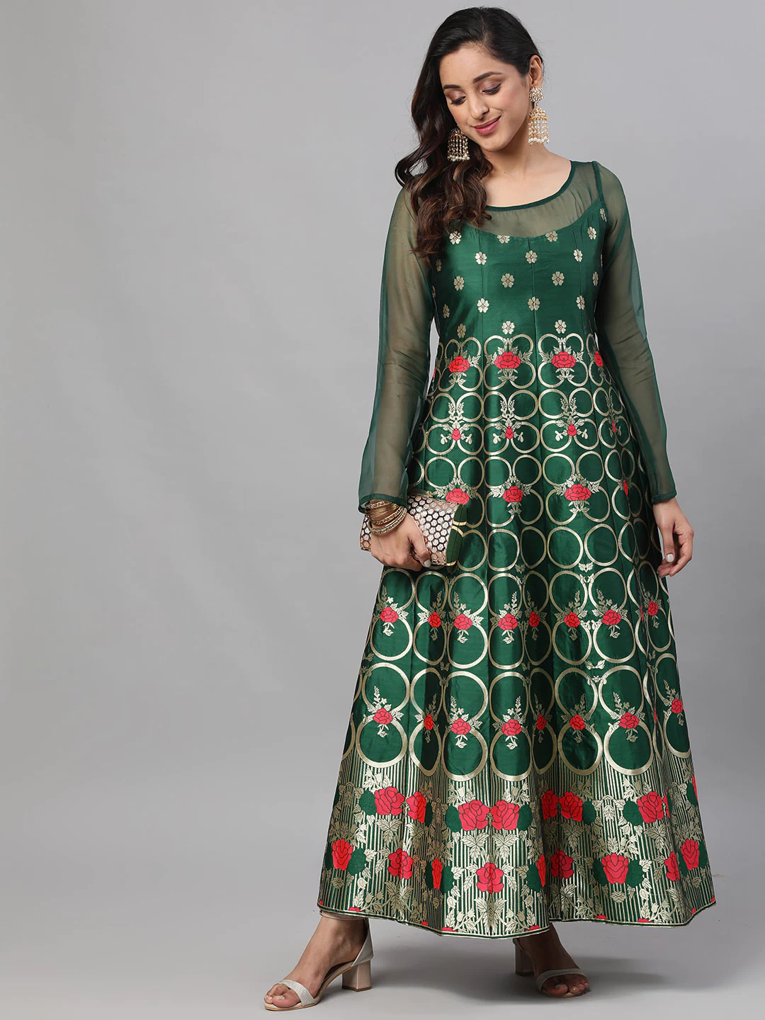 Green & Red Floral Zari Jacquard Design Maxi