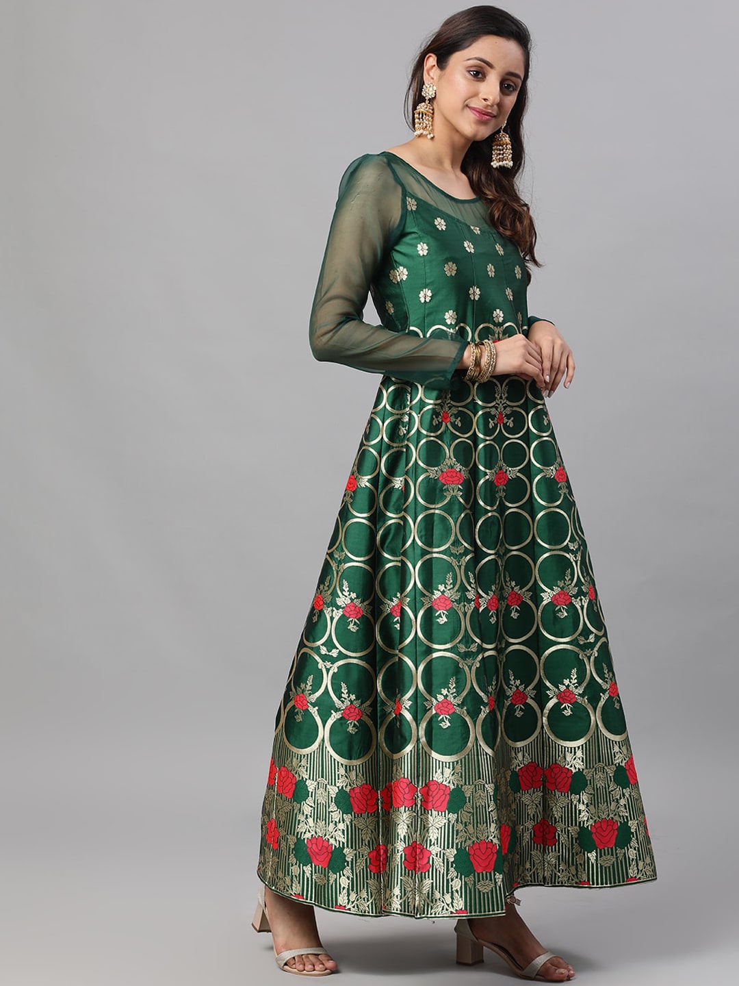 Green & Red Floral Zari Jacquard Design Maxi