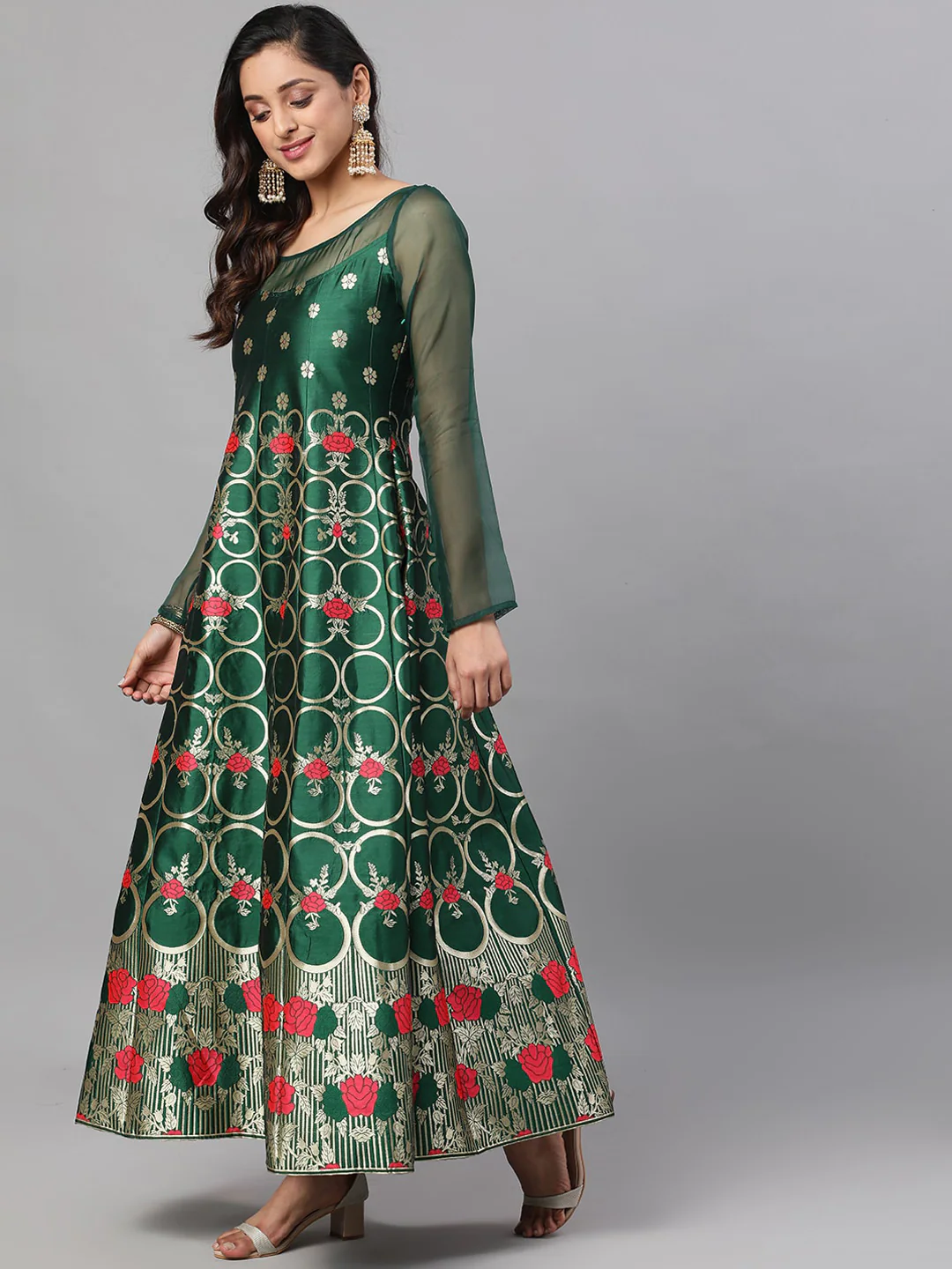 Green & Red Floral Zari Jacquard Design Maxi