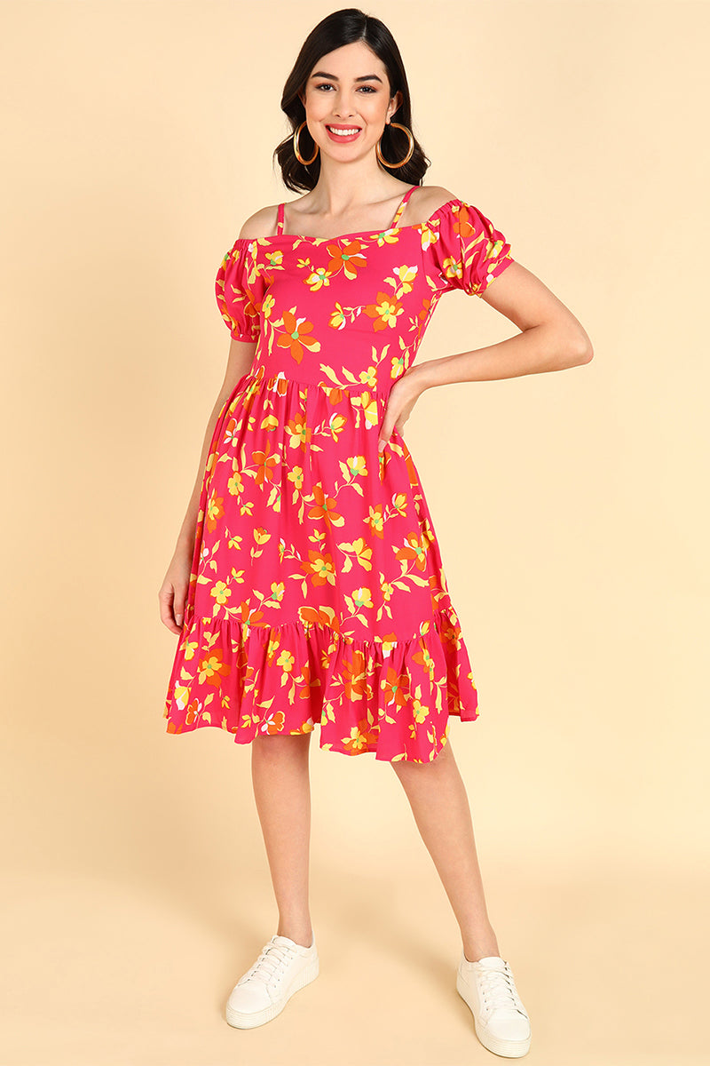 Women Pink Georgette Printed Dress