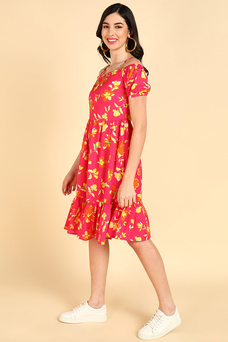 Women Pink Georgette Printed Dress