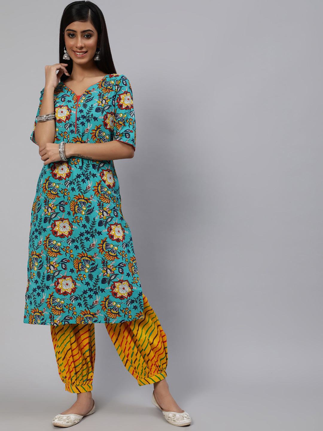 Blue & Yellow Floral Printed Straight Kurta With Ballon Palazzo