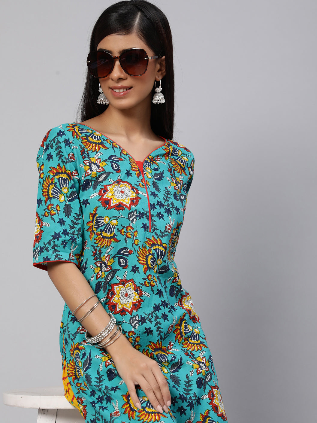Blue & Yellow Floral Printed Straight Kurta With Ballon Palazzo