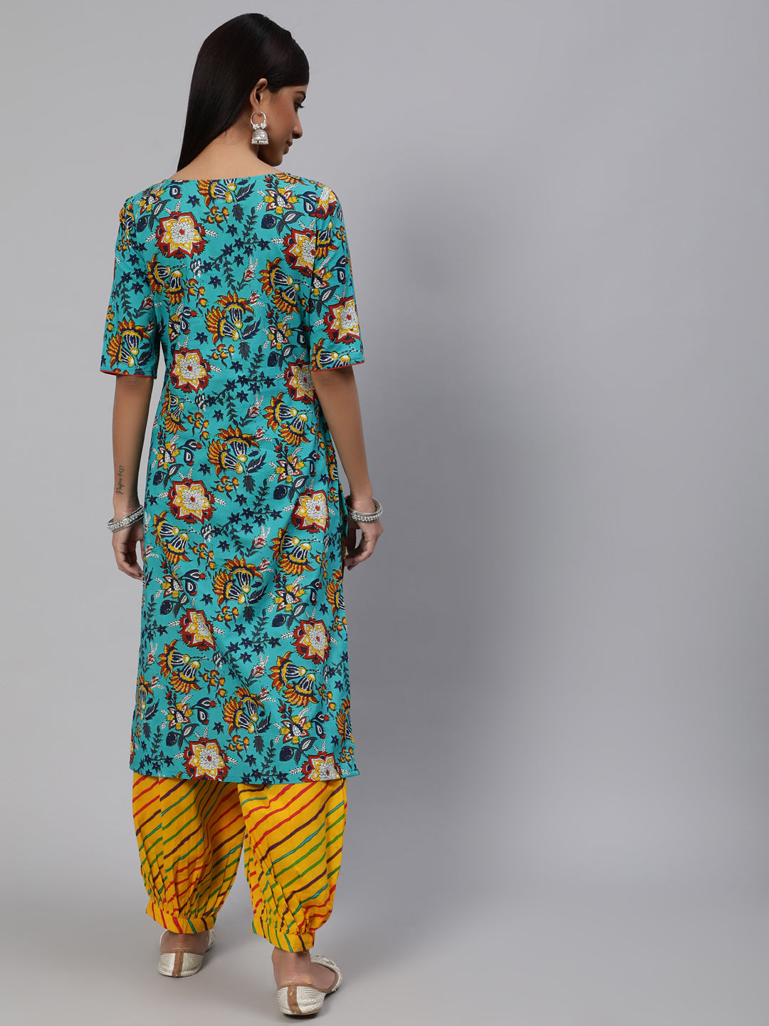 Blue & Yellow Floral Printed Straight Kurta With Ballon Palazzo