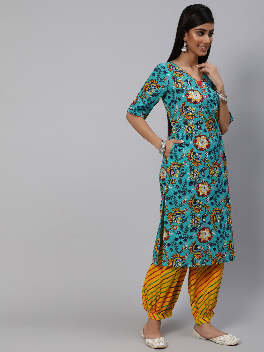 Blue & Yellow Floral Printed Straight Kurta With Ballon Palazzo