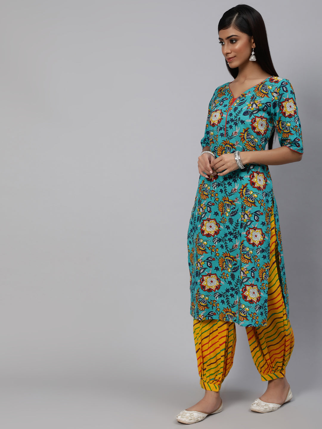 Blue & Yellow Floral Printed Straight Kurta With Ballon Palazzo