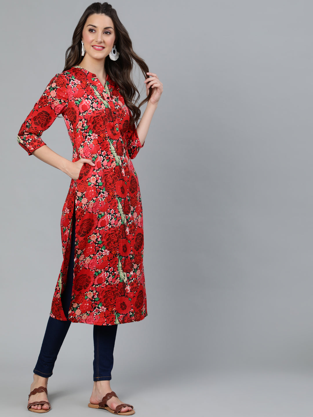 Red Floral Printed Straight Kurta