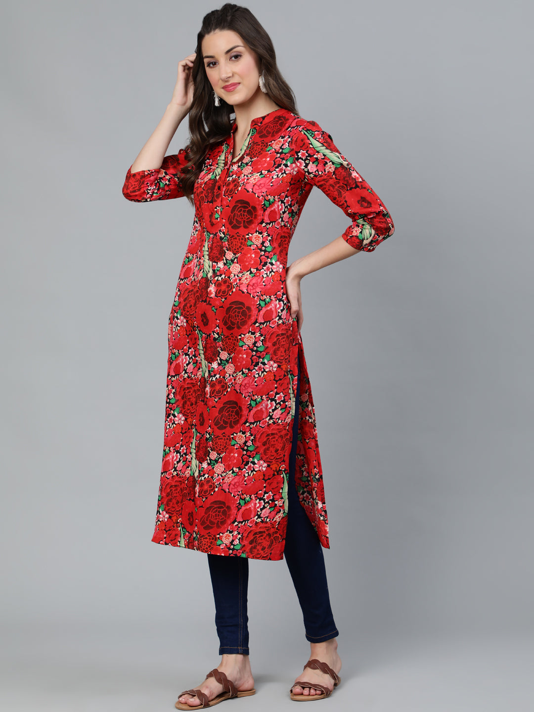 Red Floral Printed Straight Kurta