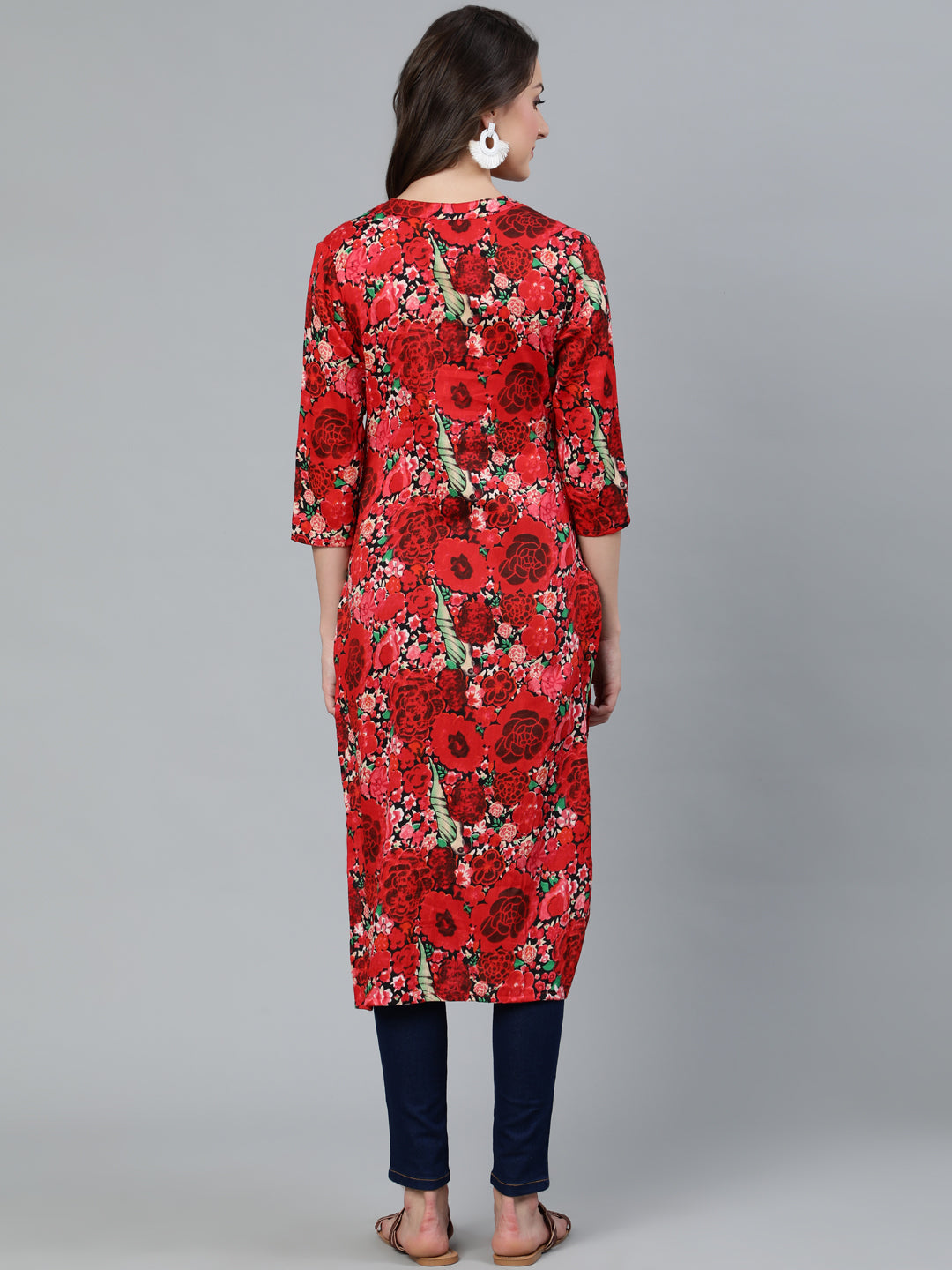 Red Floral Printed Straight Kurta