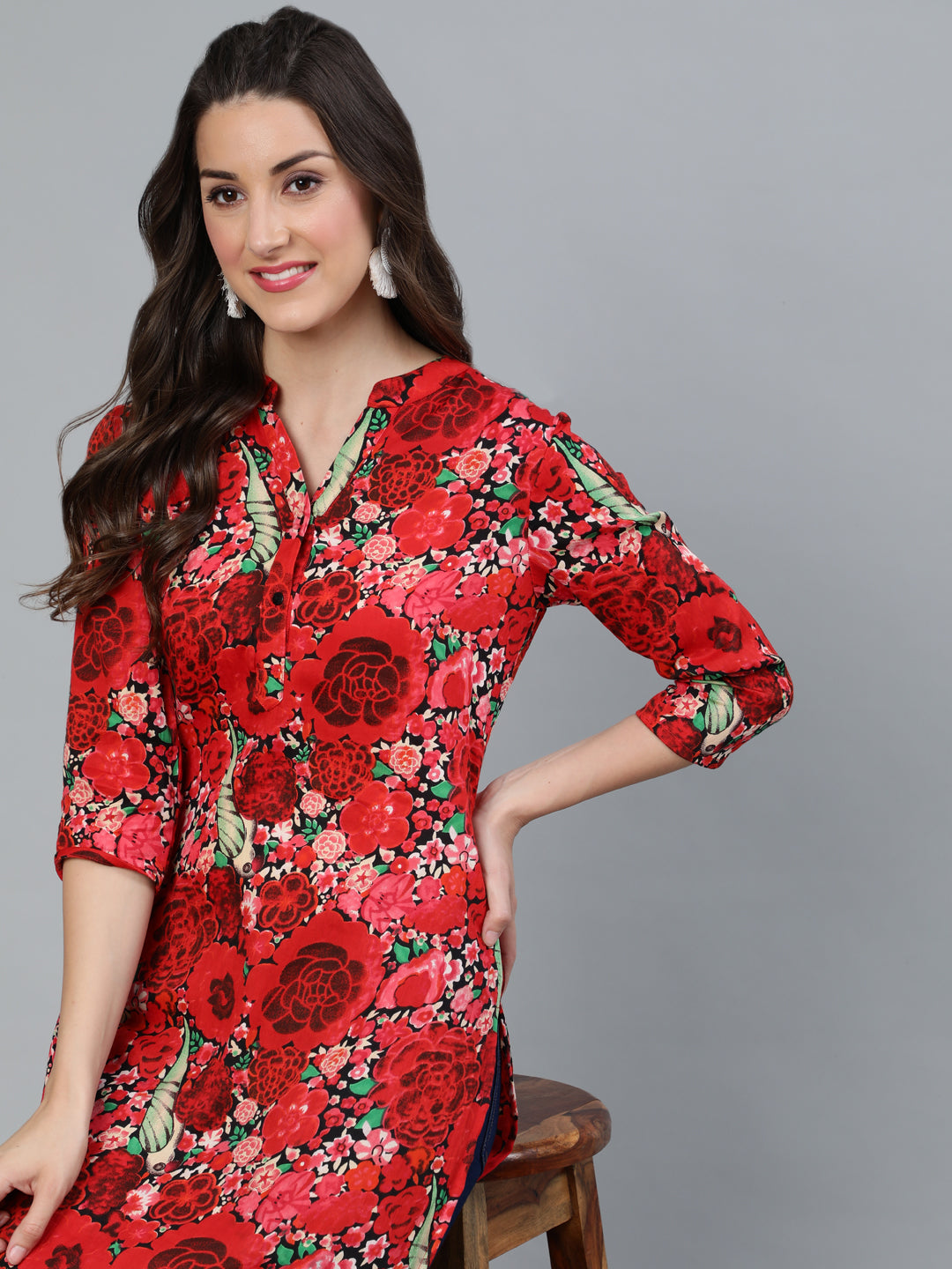 Red Floral Printed Straight Kurta