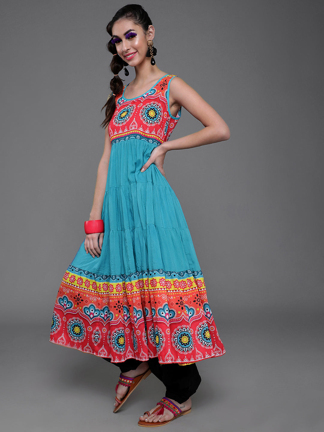 Blue & Red Printed Tiered Anarkali