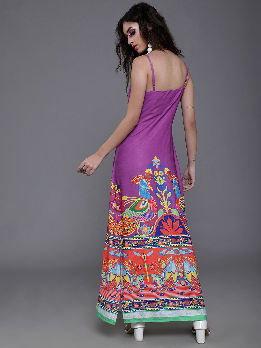 Purple & Orange Abstract Printed Side Slit Maxi Dress