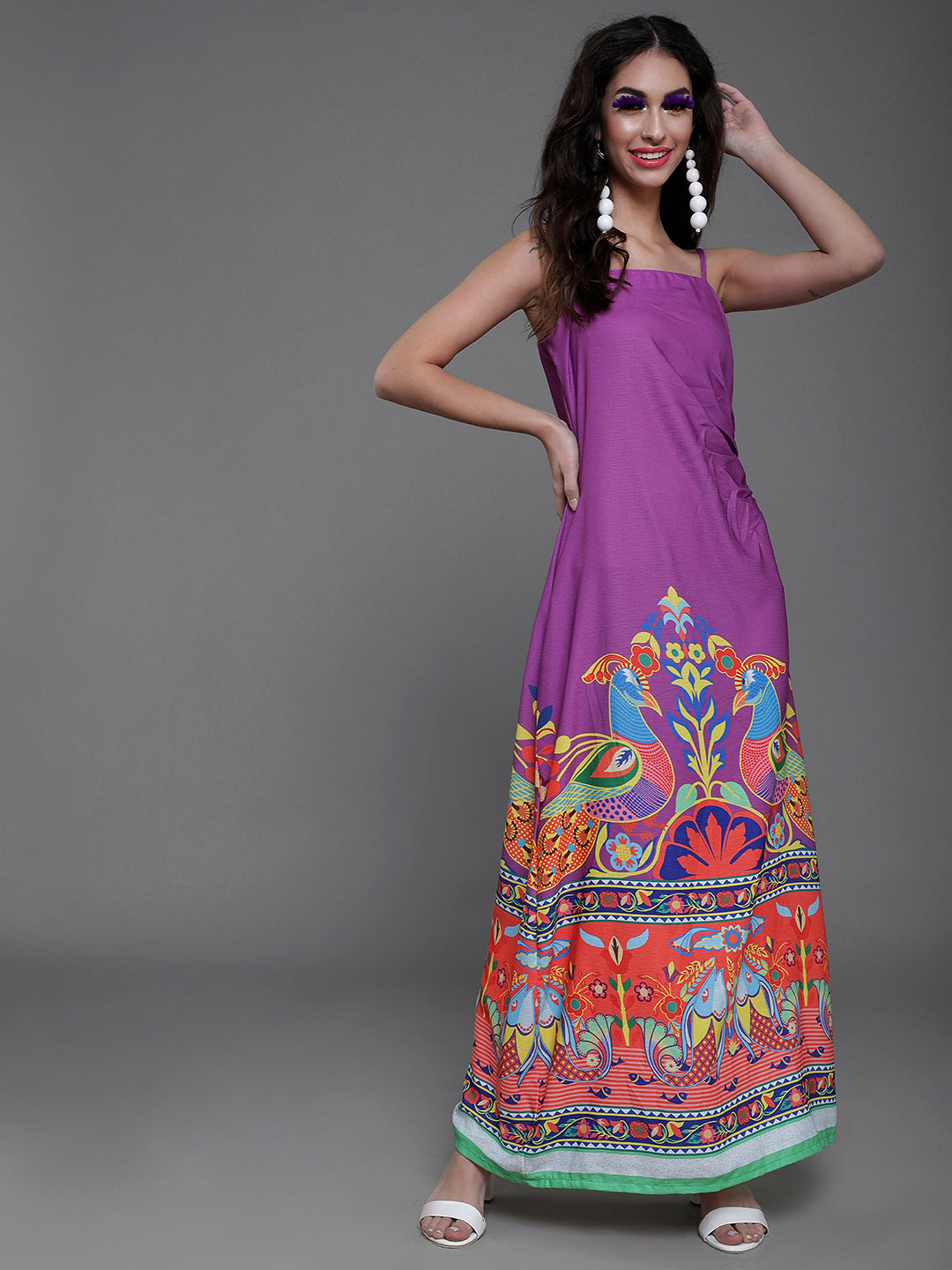 Purple & Orange Abstract Printed Side Slit Maxi Dress