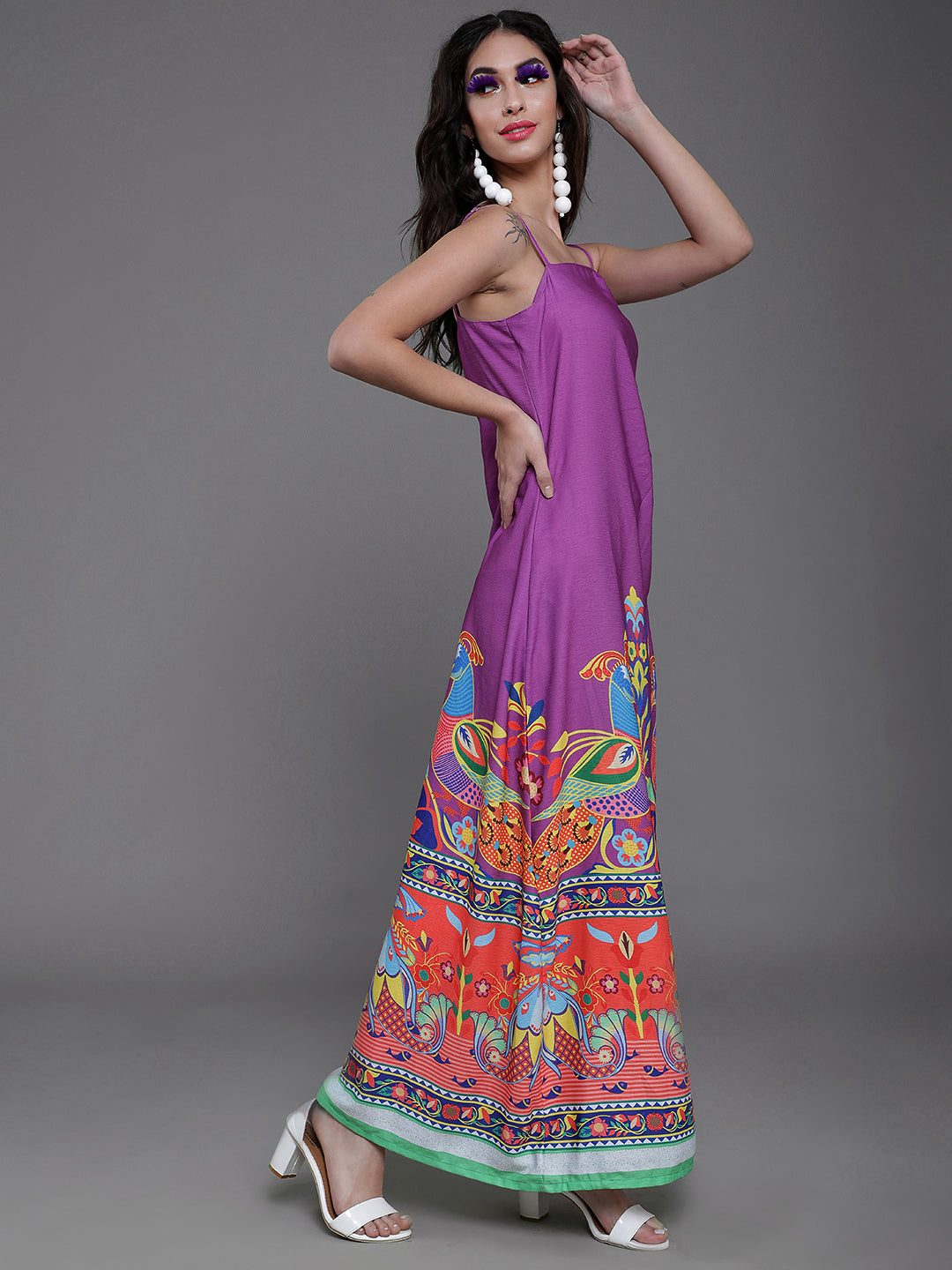 Purple & Orange Abstract Printed Side Slit Maxi Dress