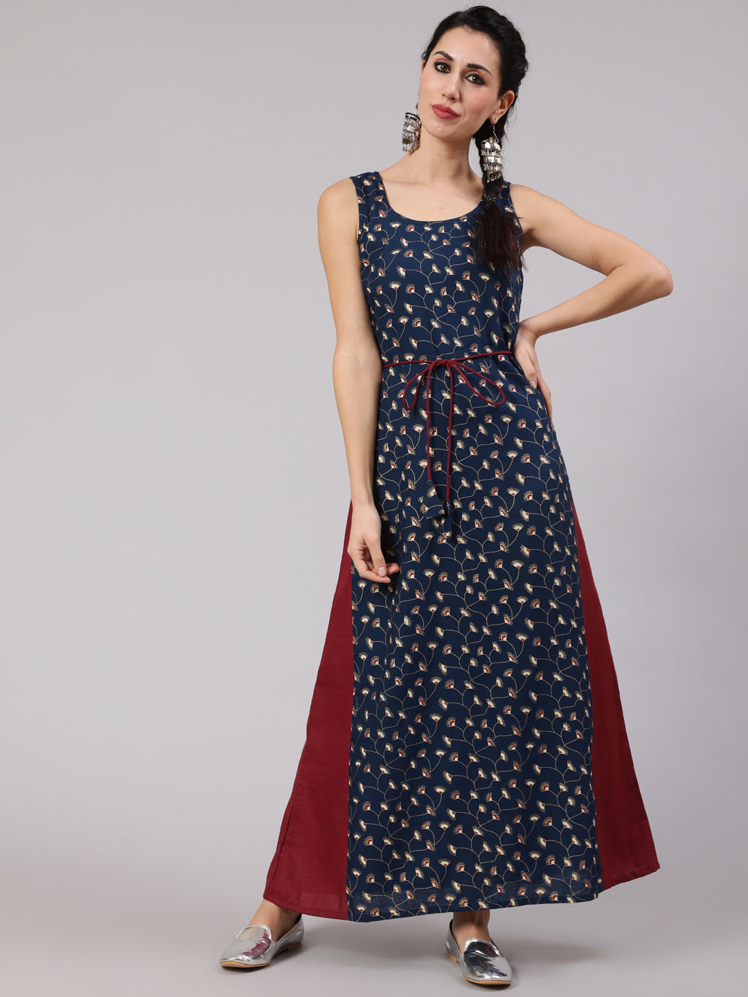 Navy Blue & Maroon Floral Print Maxi Dress