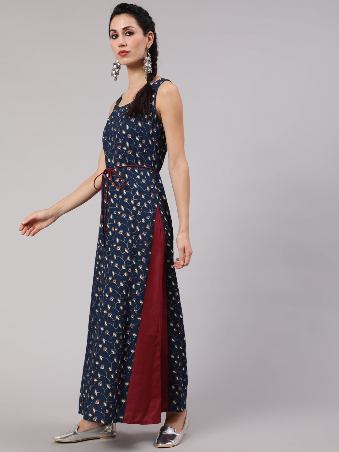 Navy Blue & Maroon Floral Print Maxi Dress