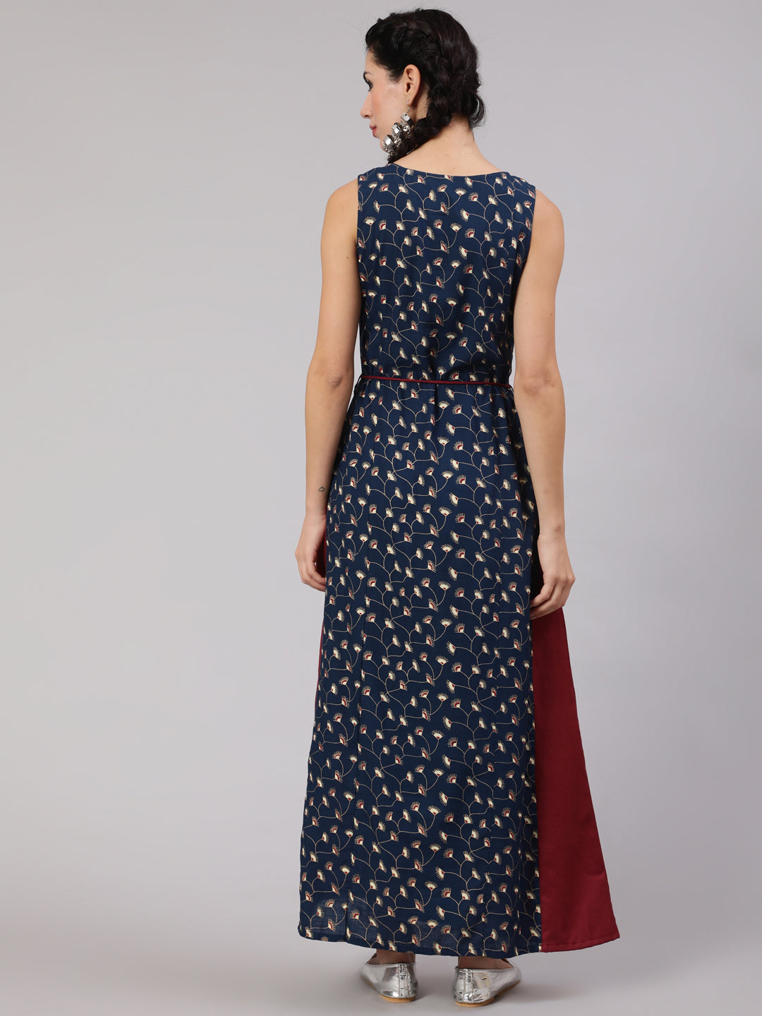 Navy Blue & Maroon Floral Print Maxi Dress