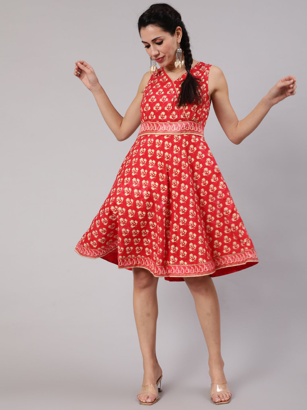 Red Floral Print Knee Length Dress