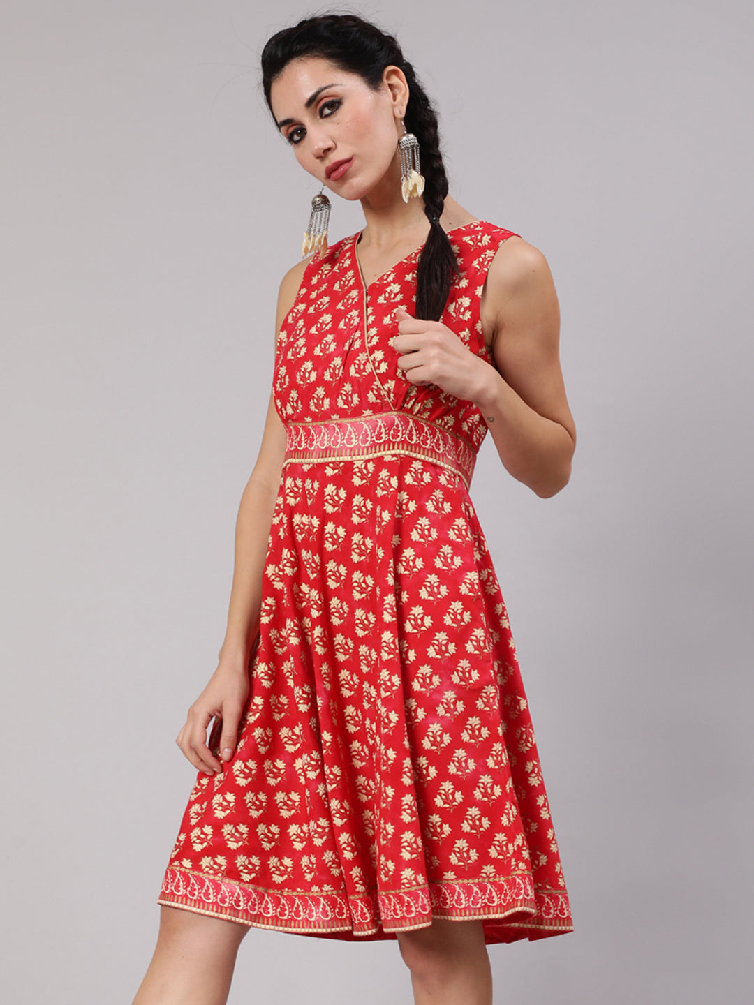 Red Floral Print Knee Length Dress