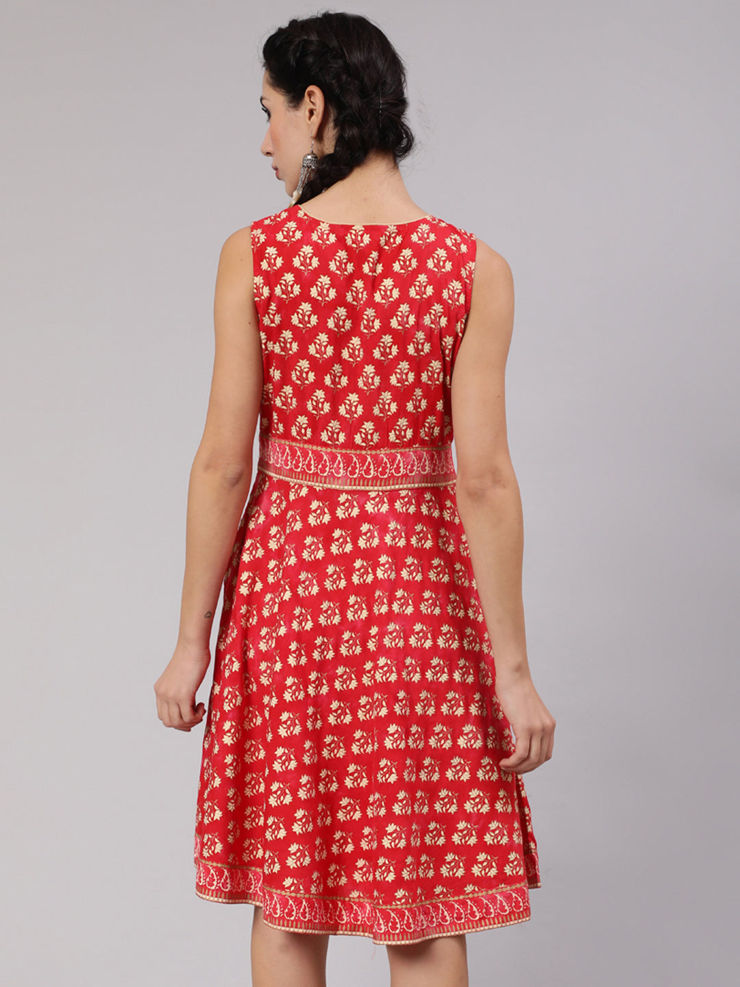Red Floral Print Knee Length Dress
