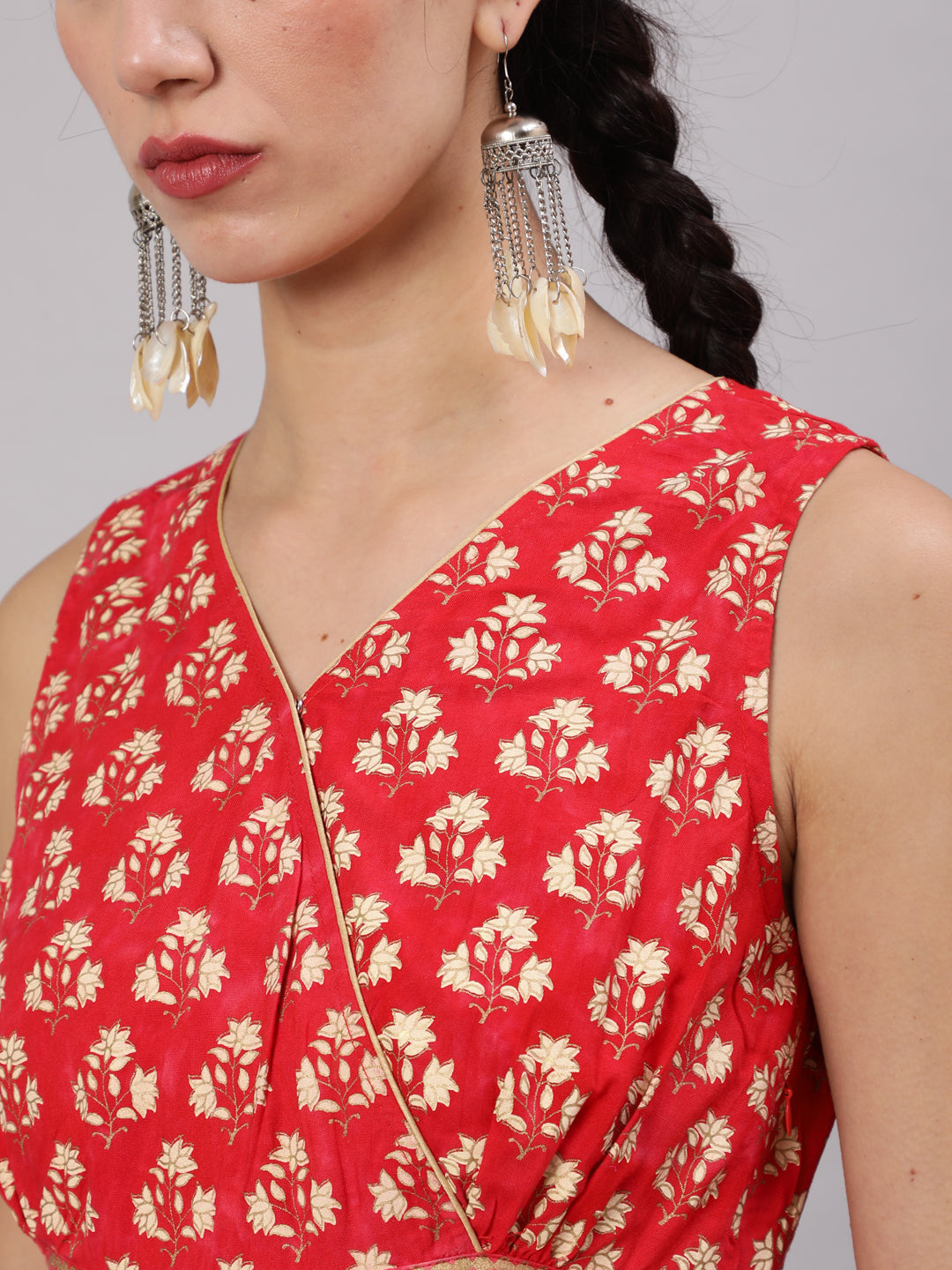 Red Floral Print Knee Length Dress