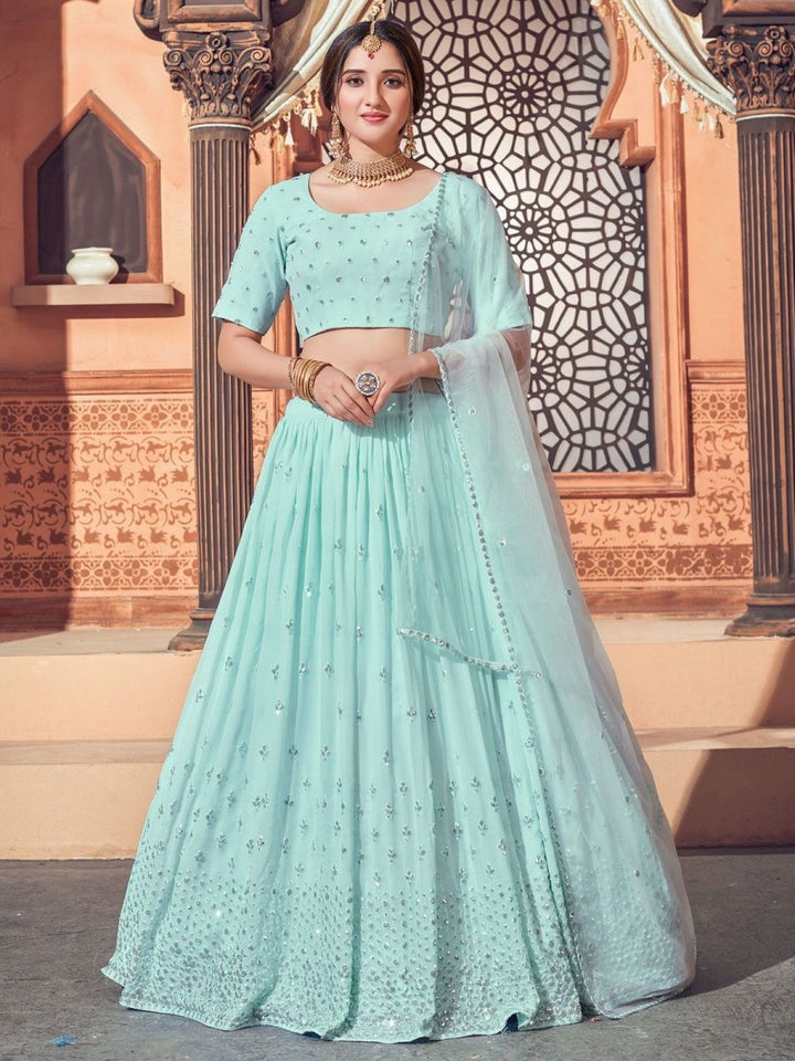Light Blue Mirror Work Unstitched Lehenga