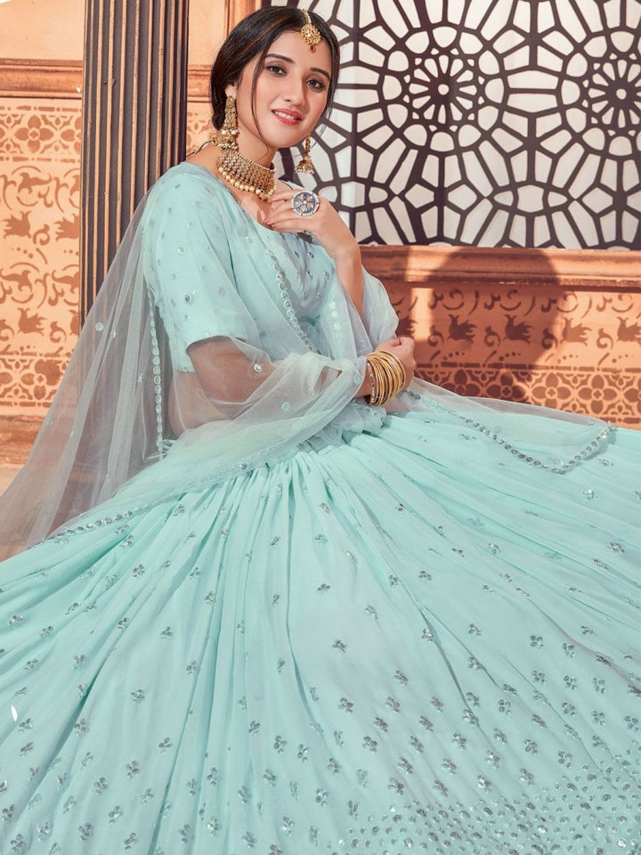 Light Blue Mirror Work Unstitched Lehenga