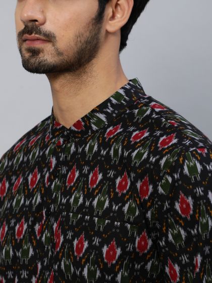 Men's Black & Red Patola Printed Kurta With Roll-Up Sleeves