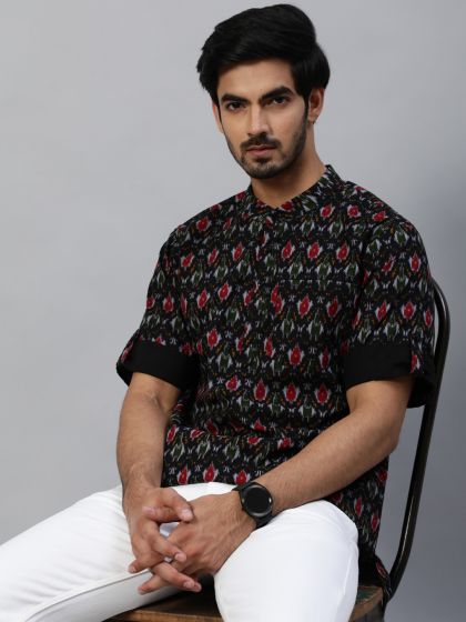 Men's Black & Red Patola Printed Kurta With Roll-Up Sleeves