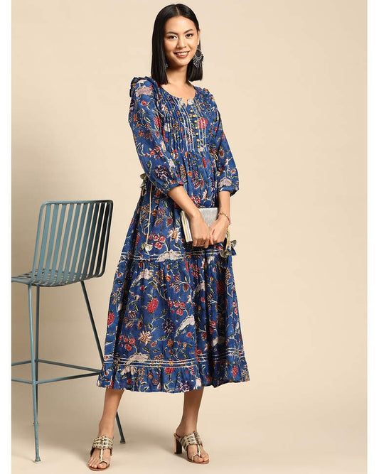 Blue Cotton Printed Fit & Flare Dress