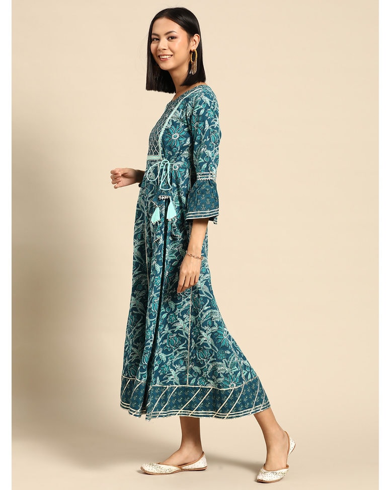 Teal Cotton Printed A-line Dress