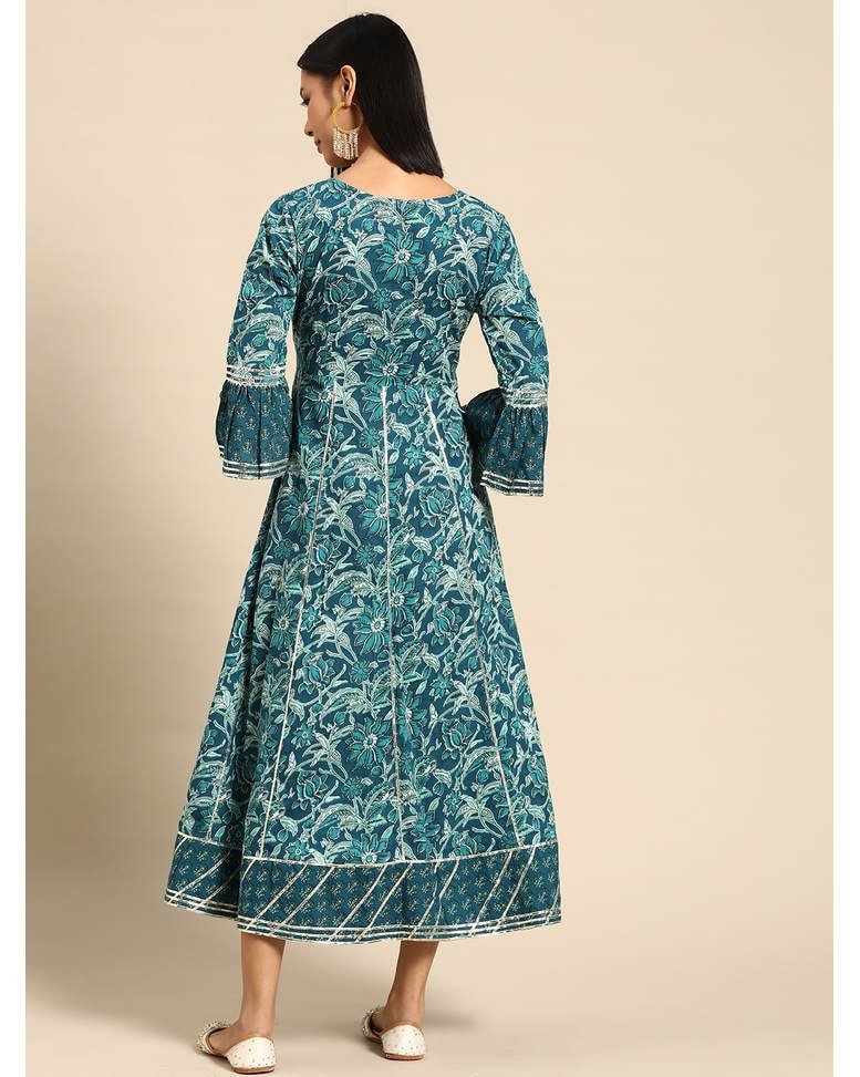 Teal Cotton Printed A-line Dress