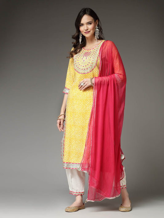 Lehariya Printed & Embroidered Rayon Kurta Pant Dupatta Set