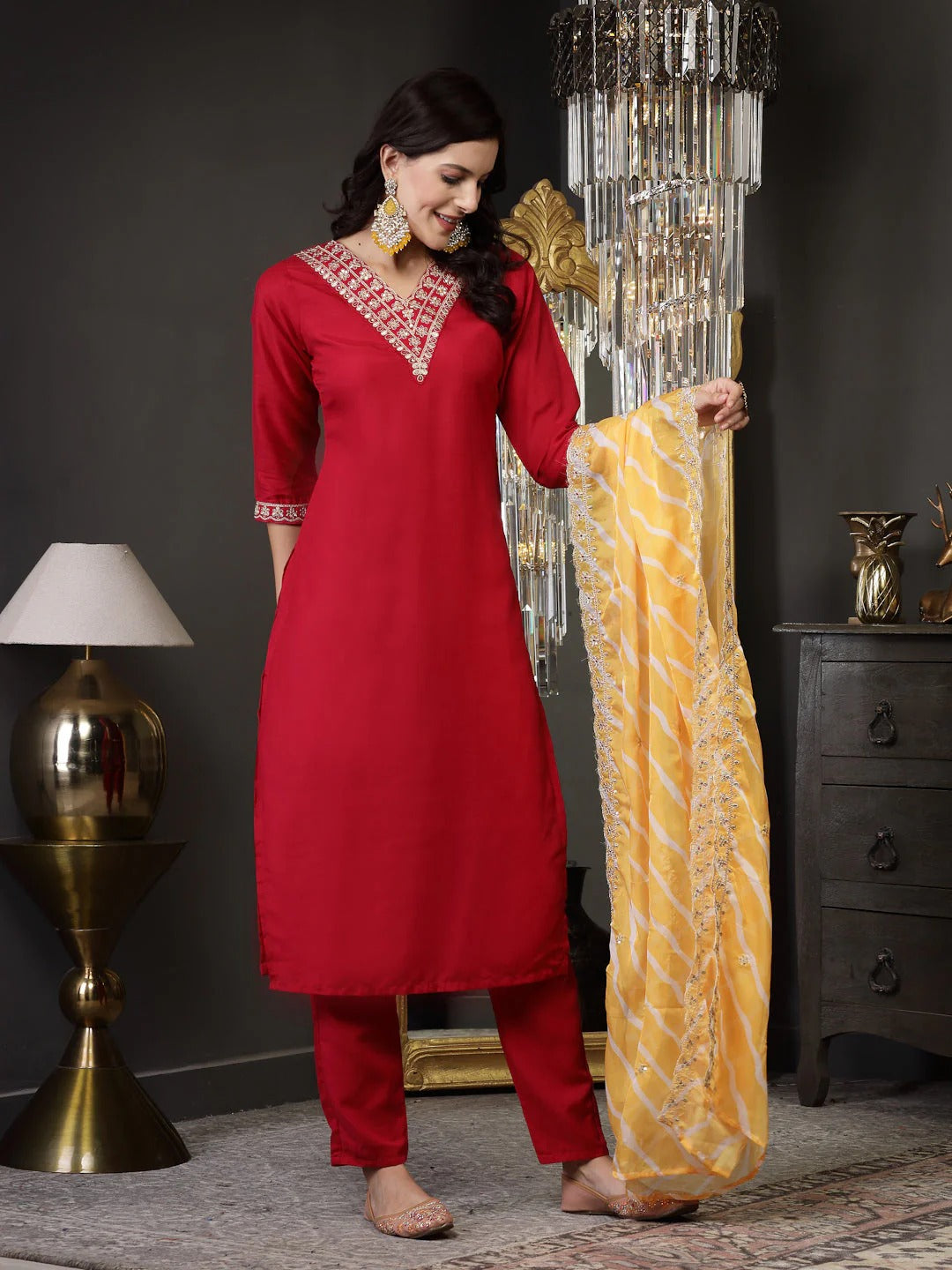 Lehariya Print & Embroidered Muslin Kurta Pant Dupatta Set