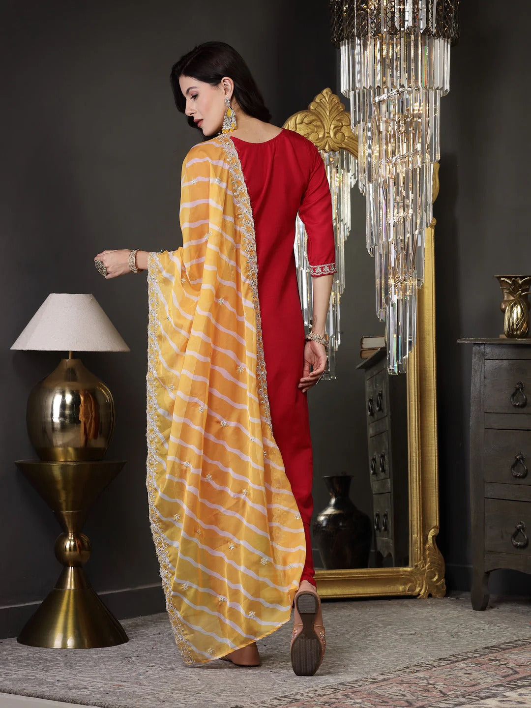 Lehariya Print & Embroidered Muslin Kurta Pant Dupatta Set