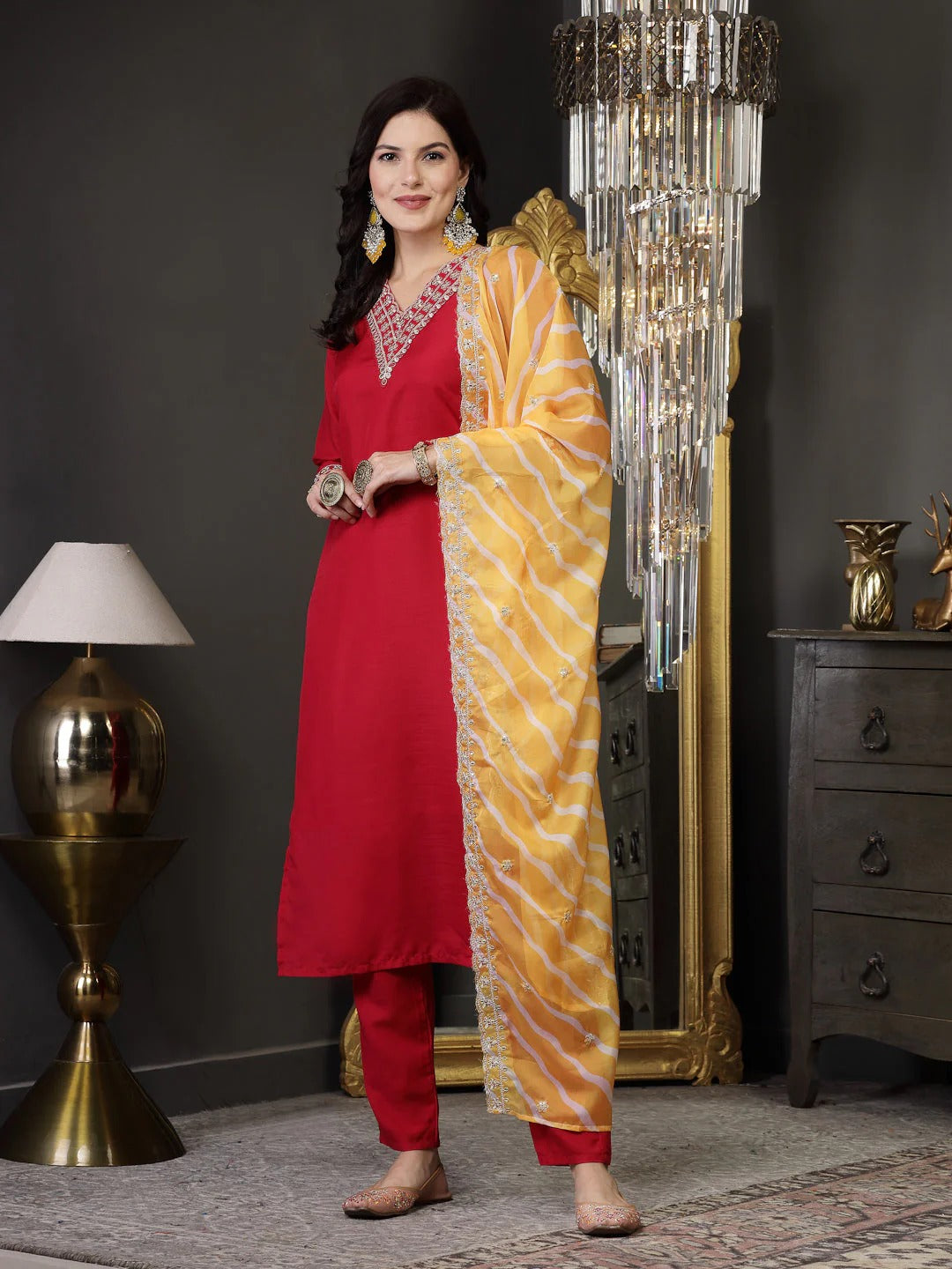 Lehariya Print & Embroidered Muslin Kurta Pant Dupatta Set