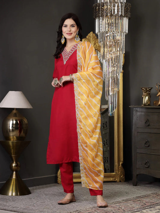 Lehariya Print & Embroidered Muslin Kurta Pant Dupatta Set