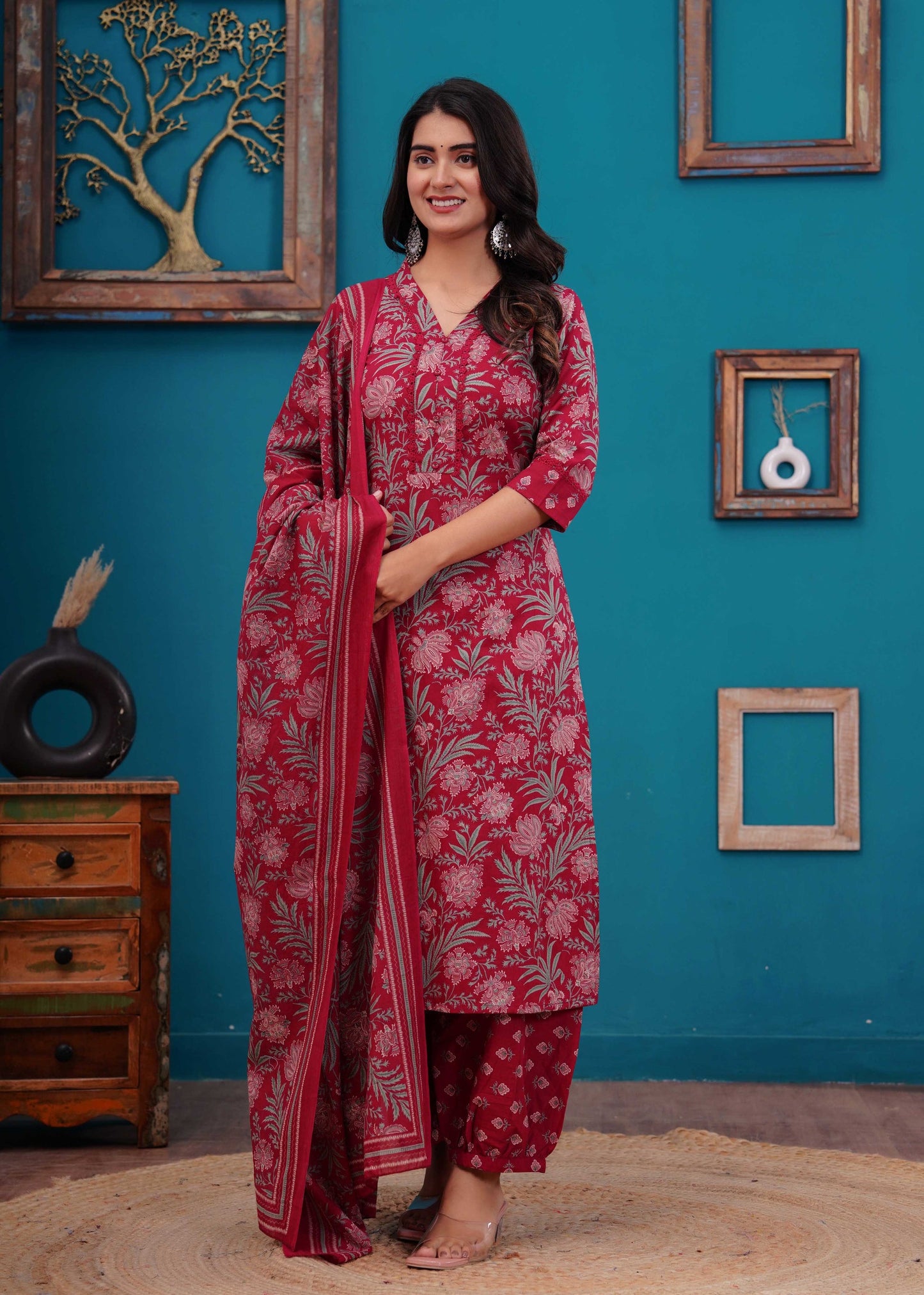 Pink Printed Straight Kurta Set With Dupatta