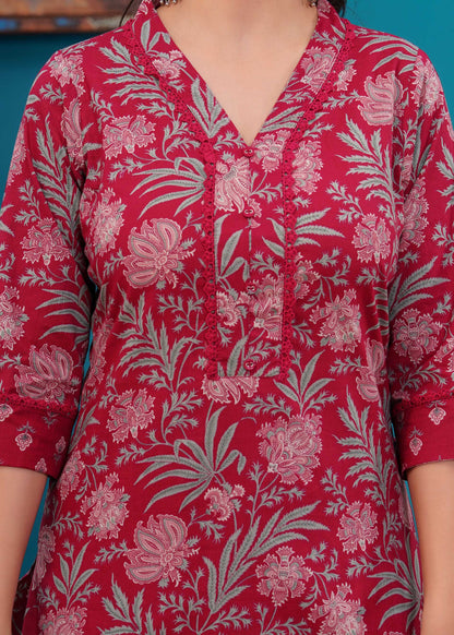 Pink Printed Straight Kurta Set With Dupatta