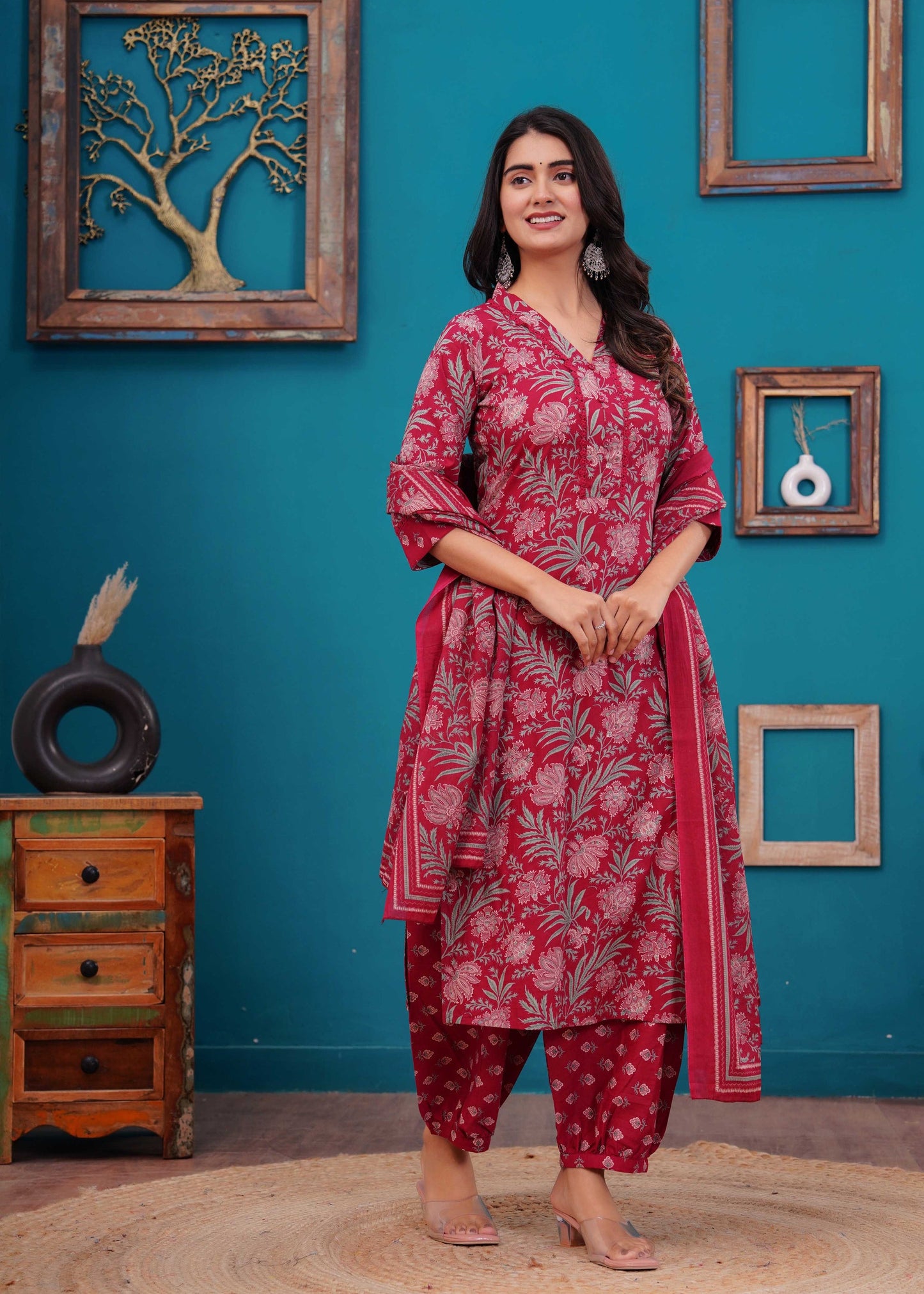 Pink Printed Straight Kurta Set With Dupatta