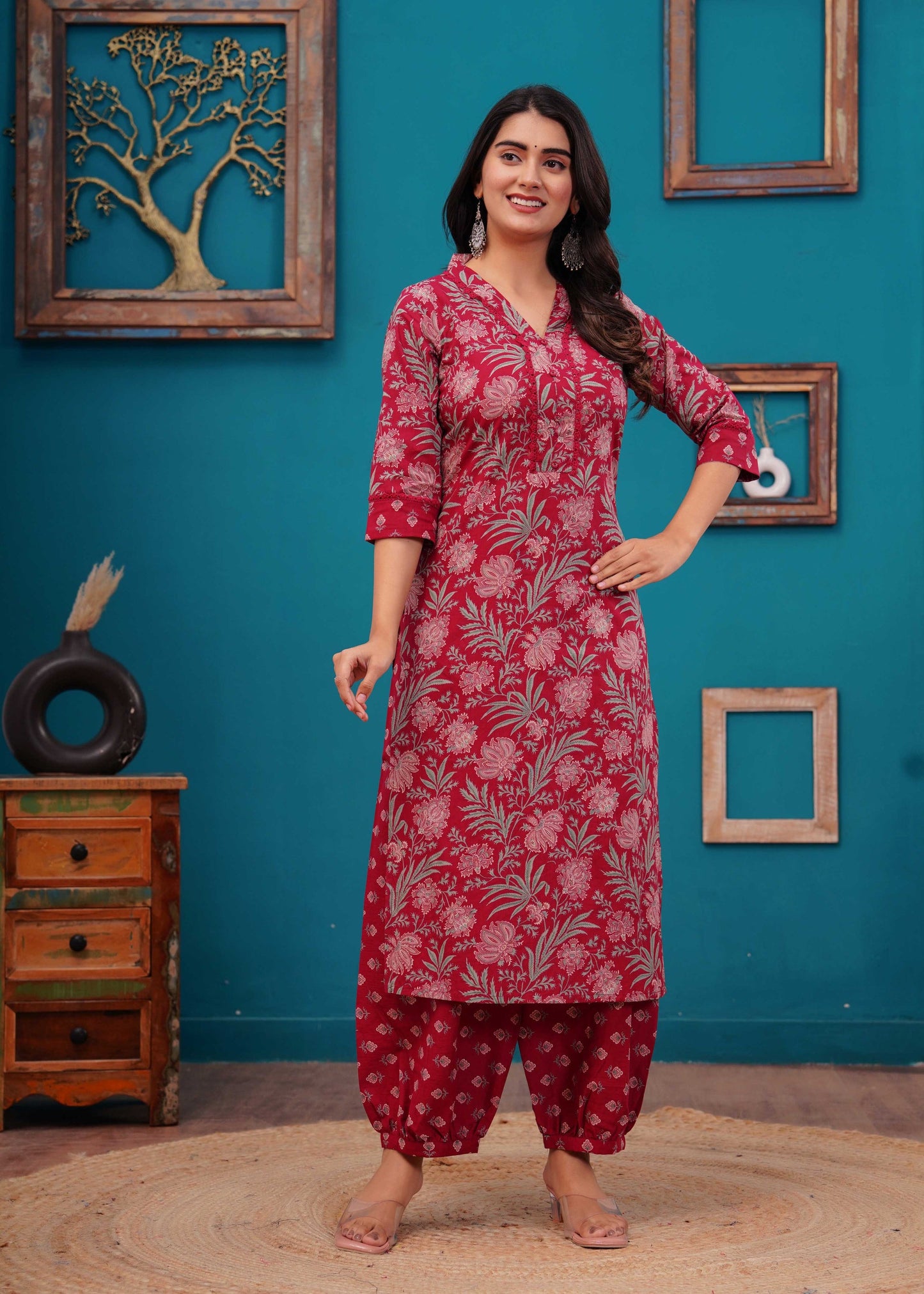 Pink Printed Straight Kurta Set With Dupatta