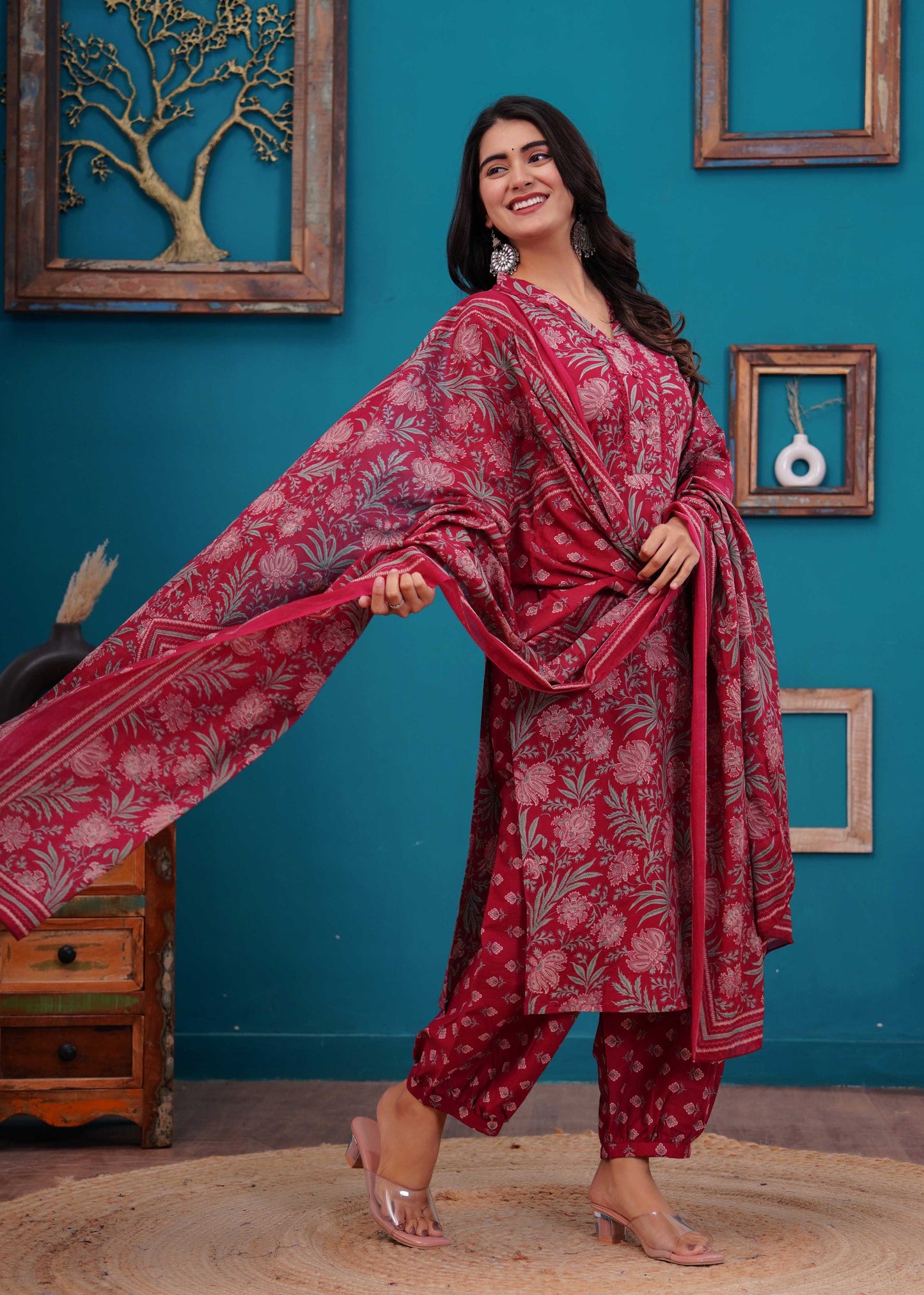 Pink Printed Straight Kurta Set With Dupatta