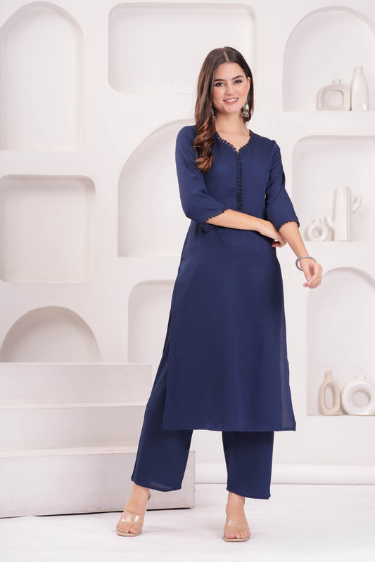 Navy Blue Solid Kurta Set With Printed Dupatta