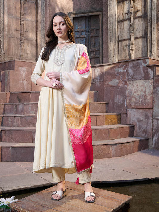 Cream Solid & Embroidered Rayon Anarkali Kurta Pant Dupatta Set