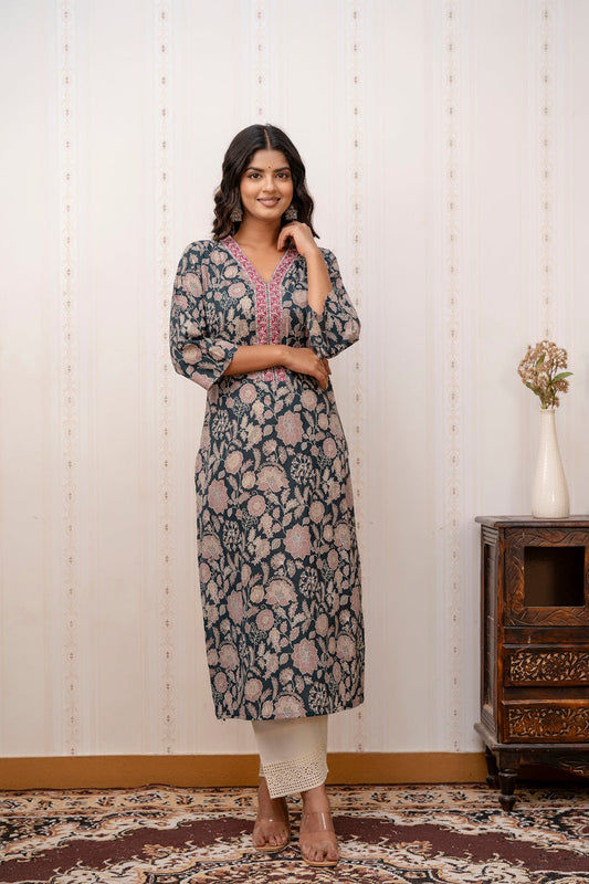Green Printed Straight Kurta