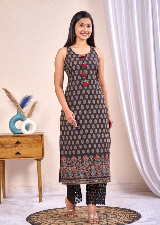 Black Printed Straight Sleeveless Kurta
