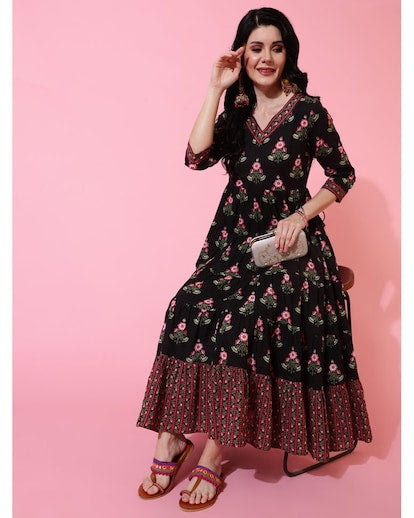 Black floral print flared kurta