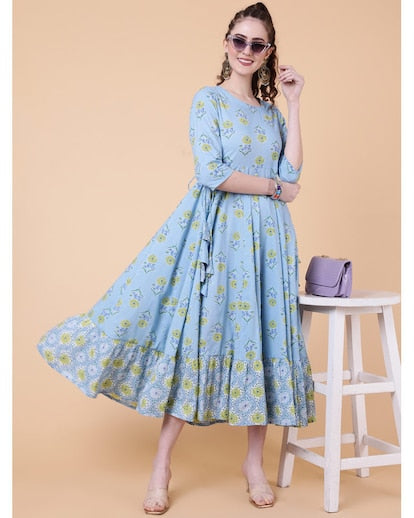 Blue floral print flared kurta